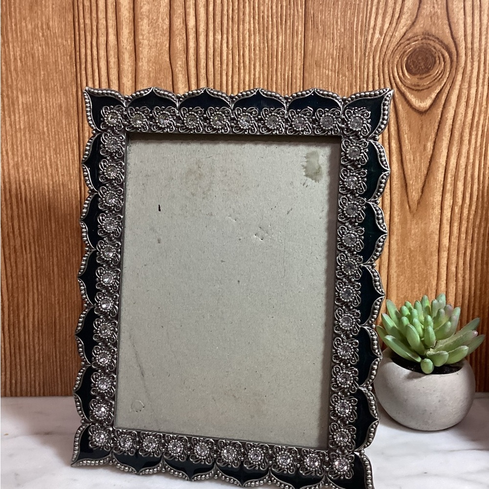 Vintage Metal and Enamel with Jewels Elegant Black and Silver Photo Frame 5x7